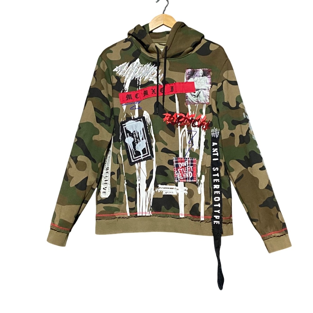 Smoke Rise Mens Camo Graphic Hoodie Distressed Patchwork Streetwear Green Large
